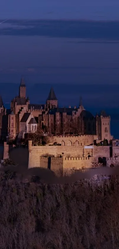 Majestic medieval castle against a dark blue dusk sky.