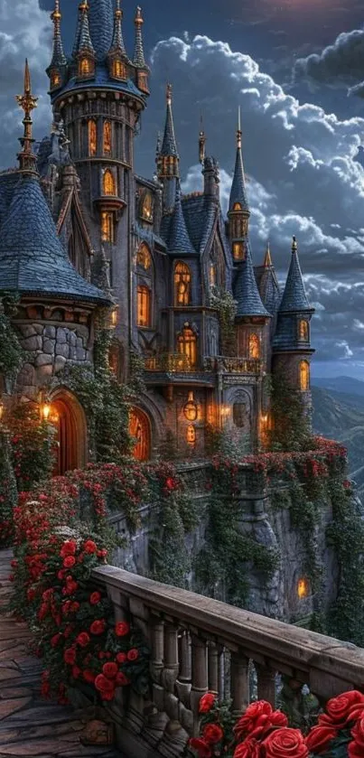 Majestic castle with roses under a cloudy night sky.