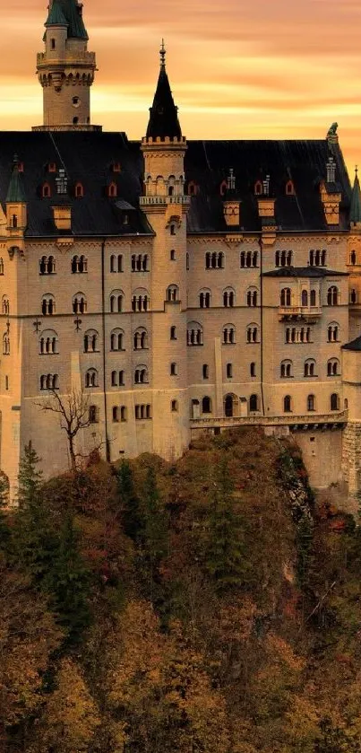 Majestic castle silhouetted against a vibrant sunset sky.