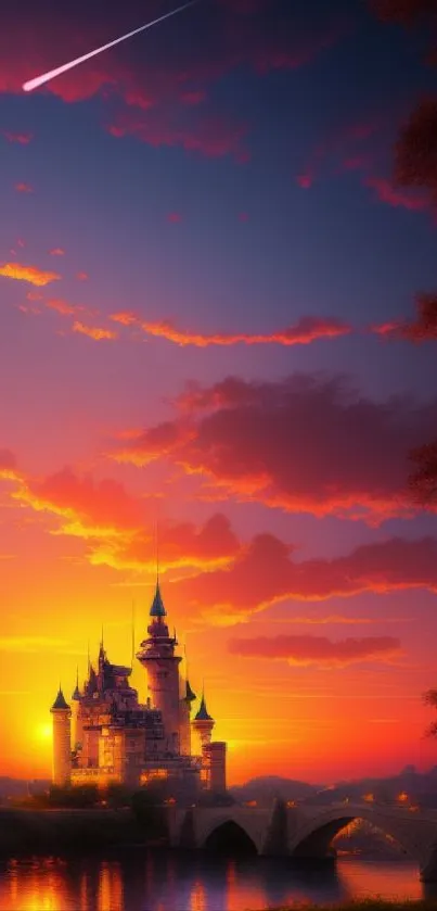 Majestic castle with vibrant sunset and reflections on a tranquil river.