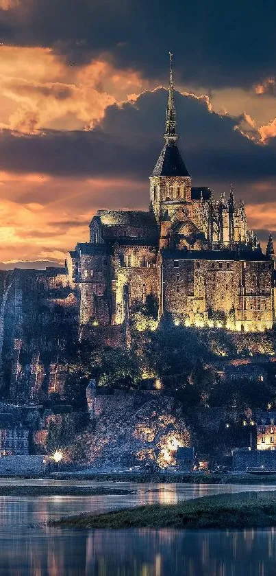 Majestic castle silhouetted against a fiery sunset, reflecting in serene water.