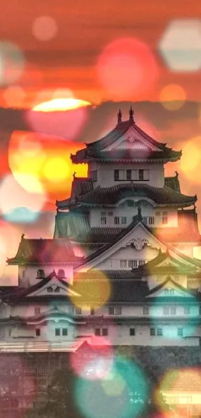 Japanese castle silhouetted by a stunning red-orange sunset.