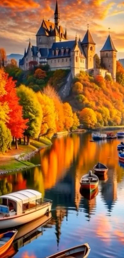 A majestic castle beside a river with autumn foliage and boats reflecting in the water.