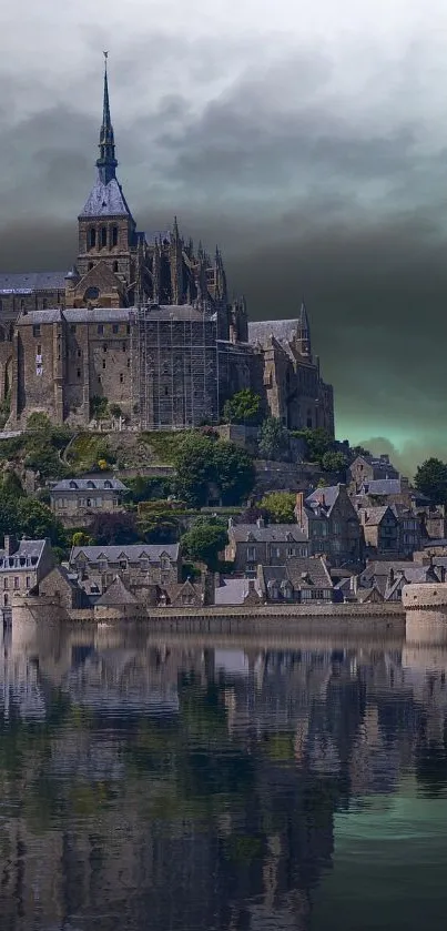 Majestic castle reflecting on a calm waterside at dusk.