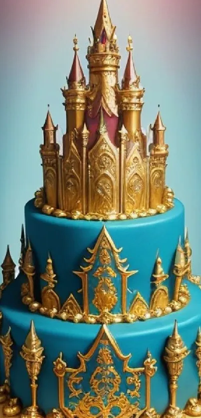 Decorative cake with a golden castle on top, perfect for birthdays.