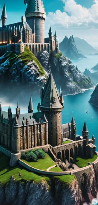 Fantasy castle clifftop with turquoise sea and greenery.