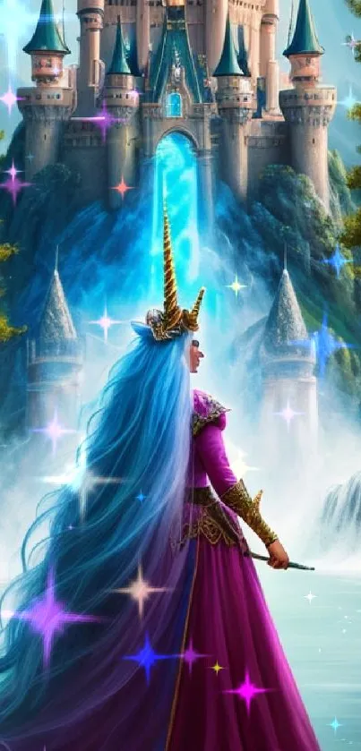 A magical castle with a blue-haired enchantress.