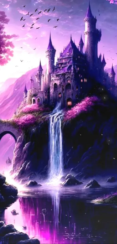 Purple fantasy castle with waterfall enchanting mobile wallpaper.