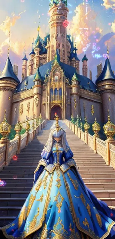 Majestic castle stairs with woman in blue ornate gown.