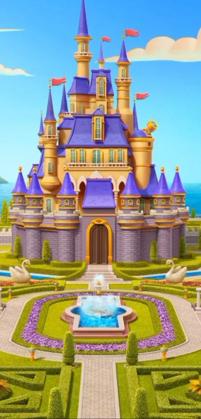 Majestic fantasy castle with colorful flags and beautiful gardens under a clear blue sky.