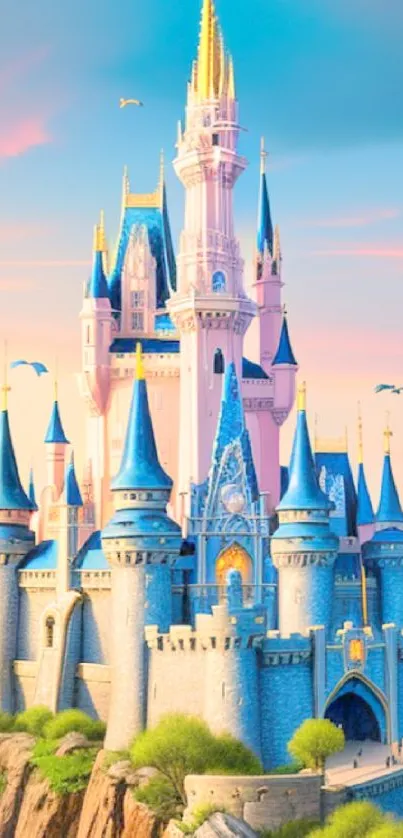 Fantasy castle with pastel hues and majestic turrets in sky blue scenery.