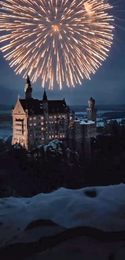 Fairytale castle with fireworks over dark night sky.