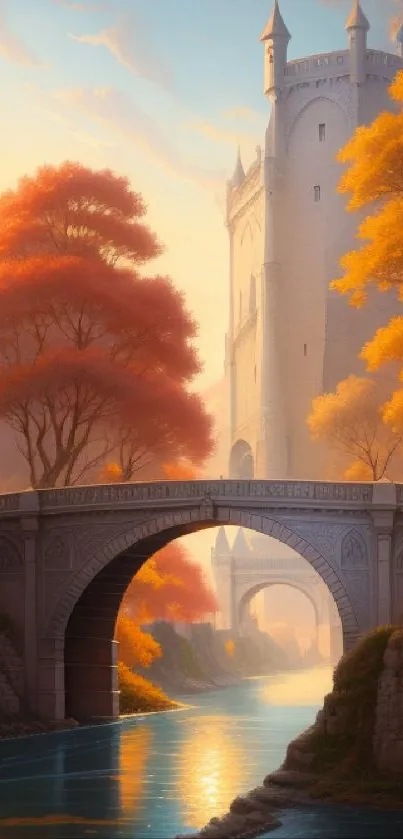 Majestic castle with autumn trees and bridge over a serene river.