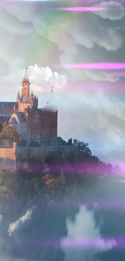 Majestic castle surrounded by clouds and pink light streaks, in a dreamy landscape.