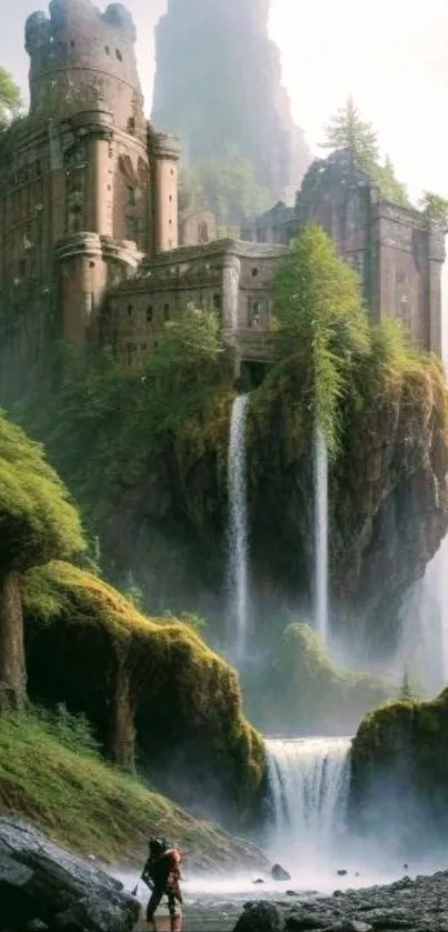 Majestic castle surrounded by misty forest and waterfalls.