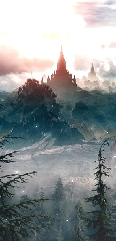 Majestic castle on mountain with dramatic sky and lush forest backdrop.