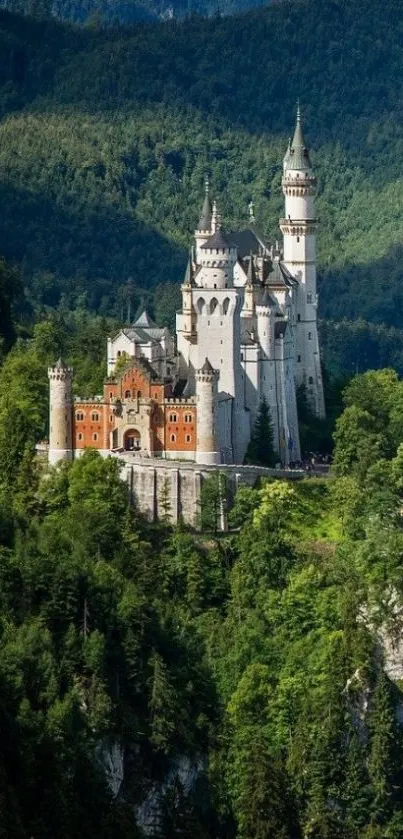 Majestic castle nestled in lush green forest and mountains.