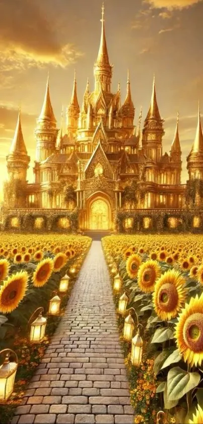 Golden castle surrounded by sunflowers under a sunny sky.