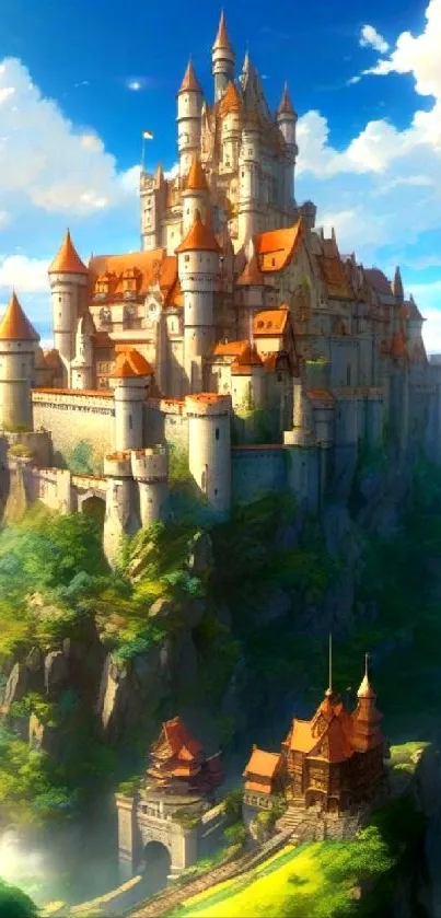 Fantasy castle atop a cliff with lush greenery and a blue sky.