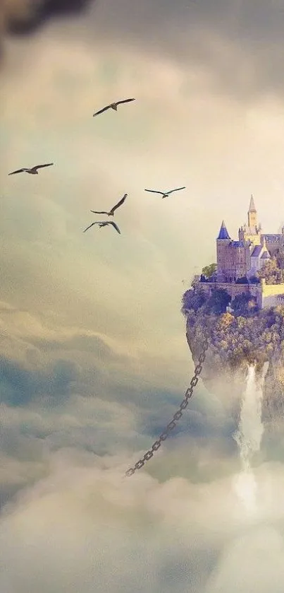 A majestic floating castle in the sky surrounded by clouds and birds.