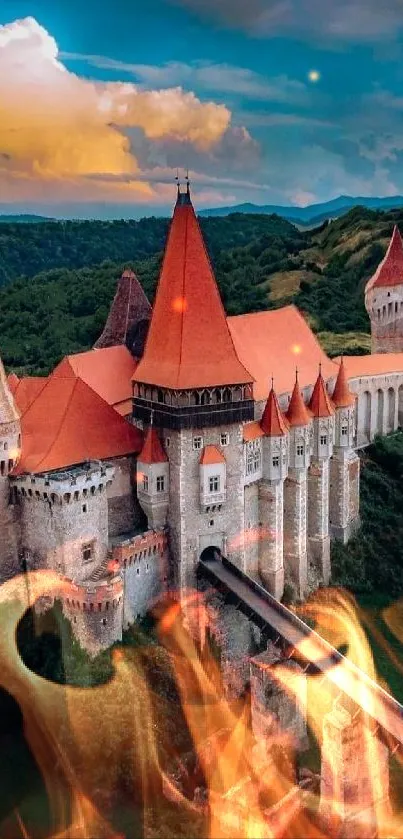 Aerial view of a majestic castle with red roofs, set against a lush green landscape and colorful sky.