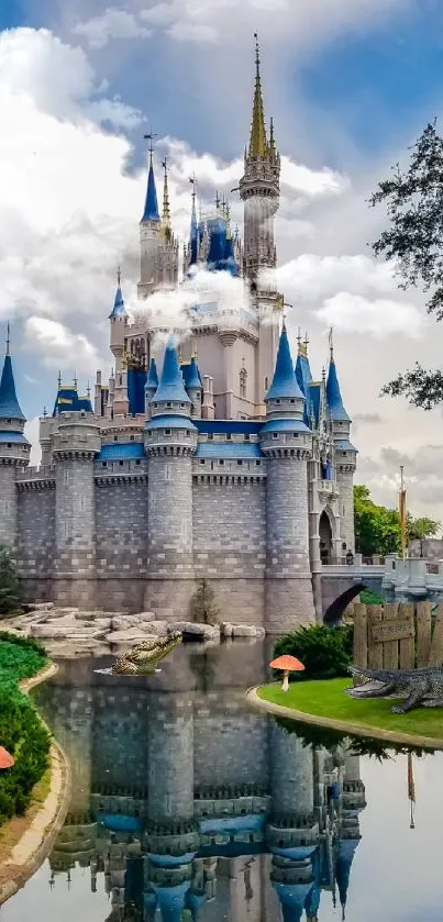 Mobile wallpaper of a majestic castle with blue turrets and a scenic sky reflection.