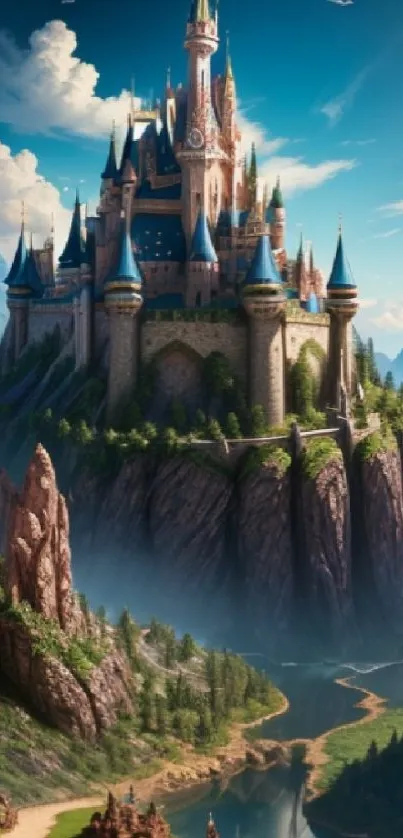 Majestic castle on mountain with river and lush greenery under blue sky.