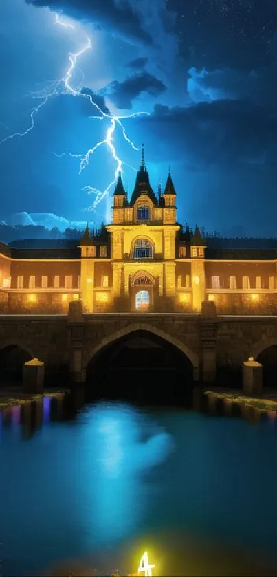 Majestic castle with lightning in night sky, reflected in a dark water body.