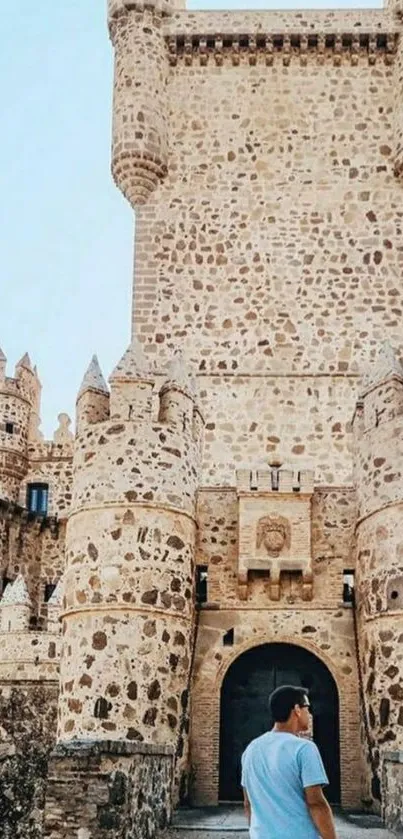 Majestic stone castle against blue sky.