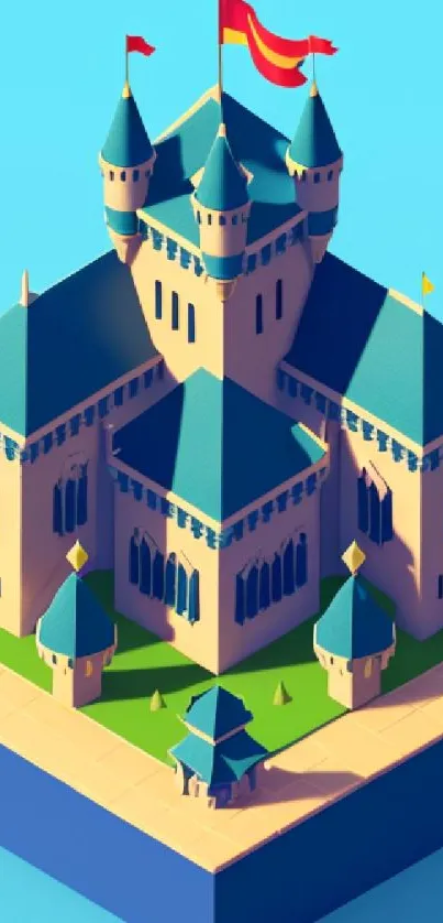 Isometric castle with flags on sky blue background.