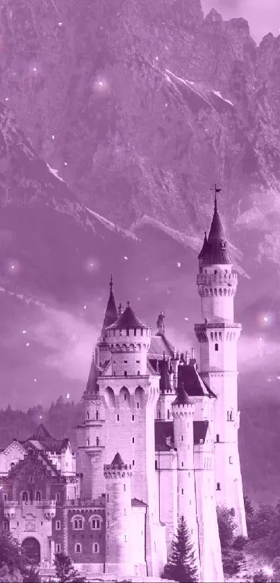 Majestic castle set against a scenic mountain backdrop with purple tones.