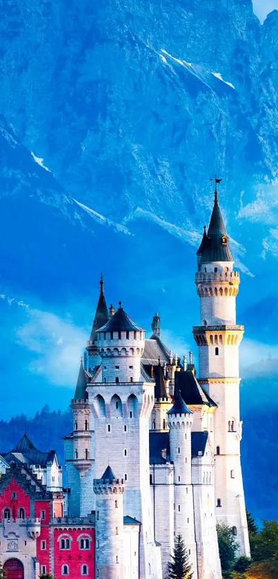 Majestic castle with mountain backdrop on mobile wallpaper.
