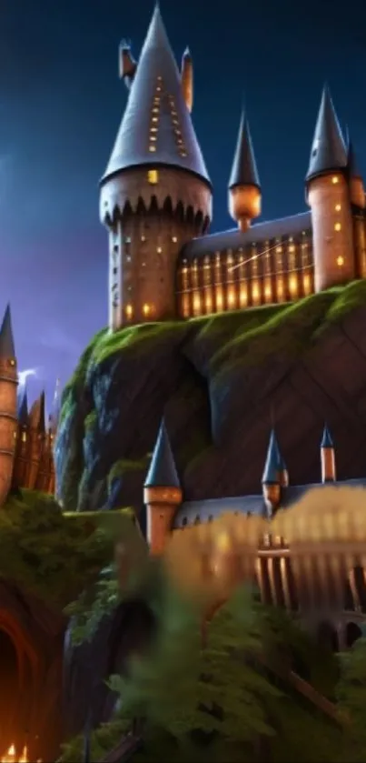 A mystical castle under a moonlit night with glowing spires and serene ambiance.