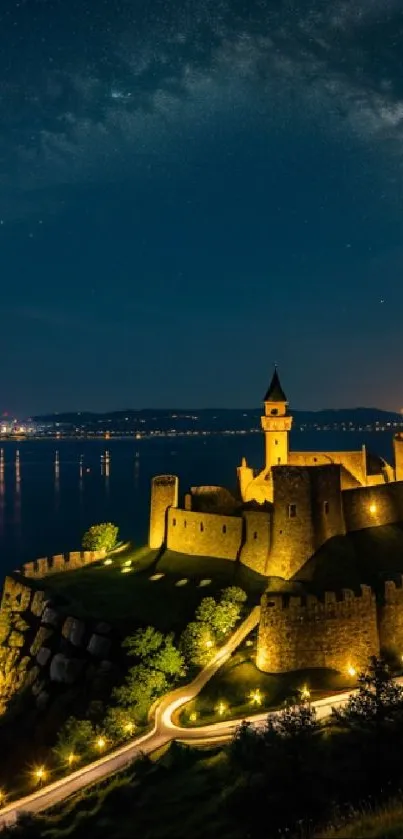 Majestic castle illuminated under a starry night sky on a hilltop.