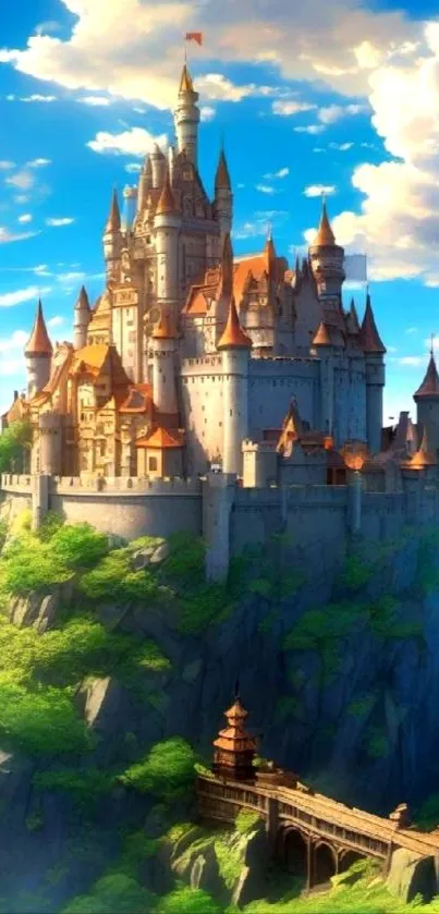 Majestic castle on cliff under a vibrant blue sky.