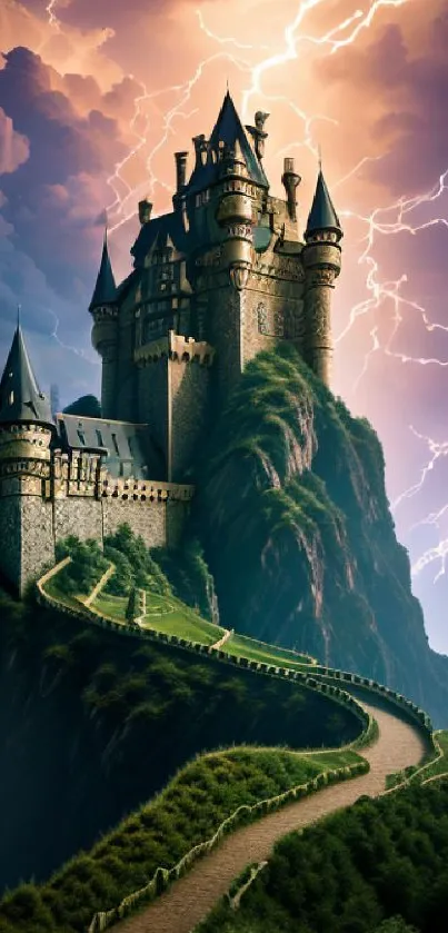 Fantasy castle on a cliff with a stormy sky and lightning.