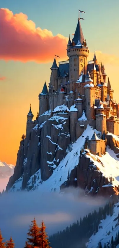 Magical castle on a snowy mountain at sunset, ideal for mobile wallpaper.