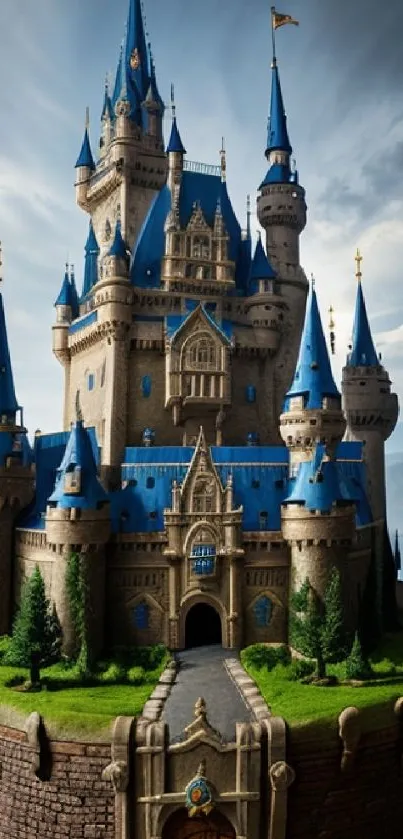 Majestic castle with blue roofs in a scenic landscape setting.