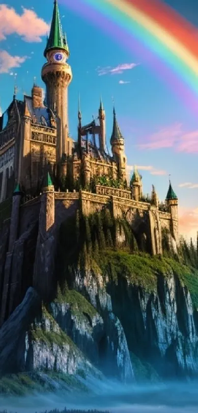 Majestic castle under a rainbow with brilliant colors.