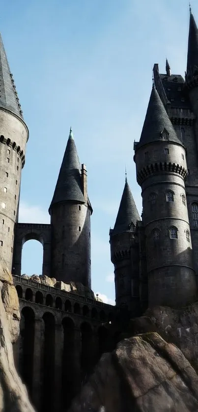 Majestic castle set against rugged cliffs under a clear sky.