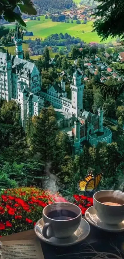 Majestic castle with a scenic forest background and two coffee cups.