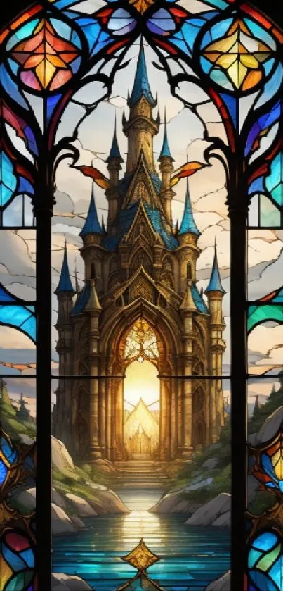 Stained glass window depicting a majestic fantasy castle at sunrise