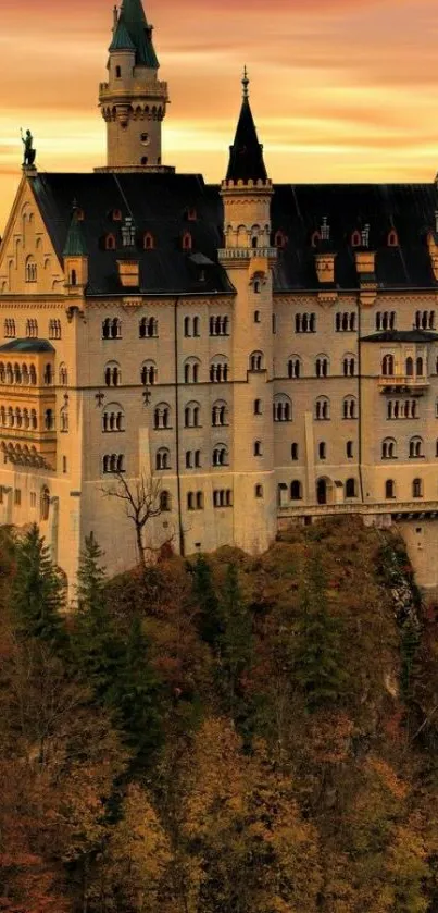 Majestic castle with sunset sky background.