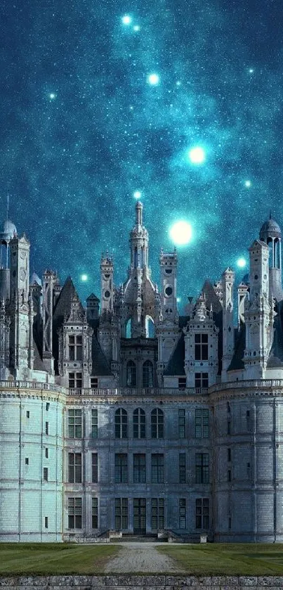 Enchanting castle with starry night sky, creating a fantasy celestial scene.