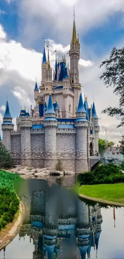 Enchanting fairy tale castle with reflection on a serene lake.