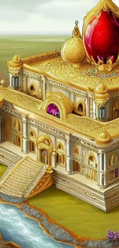 Golden castle overlooking a river with intricate design elements.