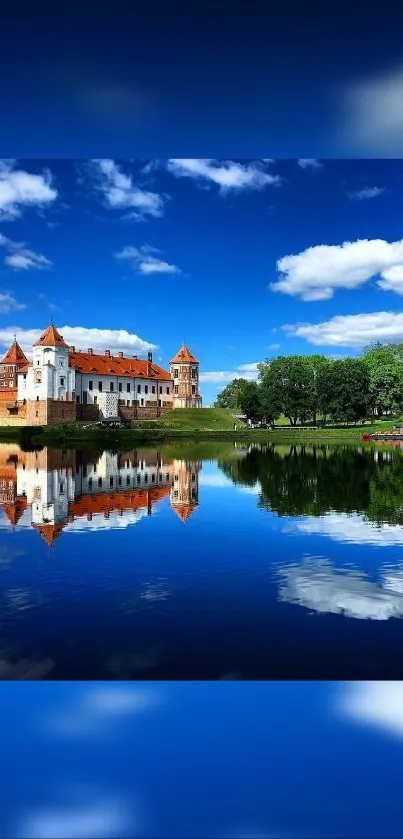 A stunning castle reflecting in a lake under a vibrant blue sky.