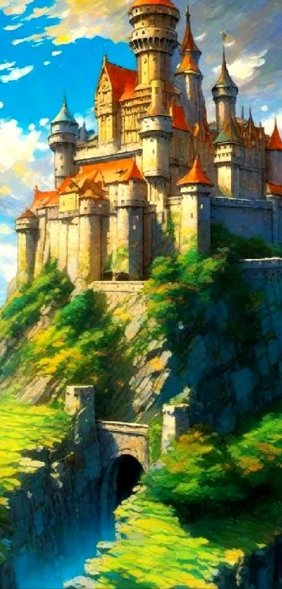 Majestic castle on a lush hill under a vibrant blue sky.