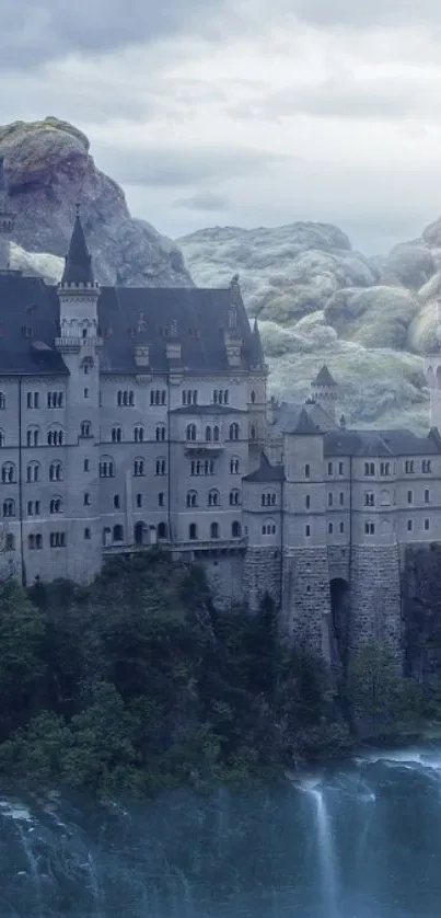 Majestic castle above a misty waterfall and lush mountains.