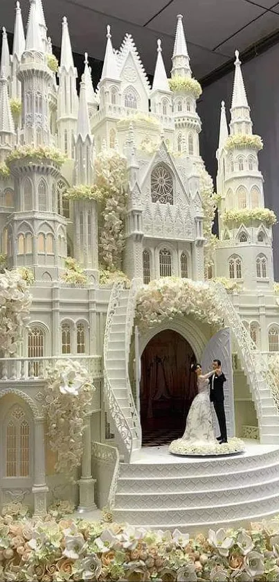 A detailed castle-themed wedding cake with floral decorations.